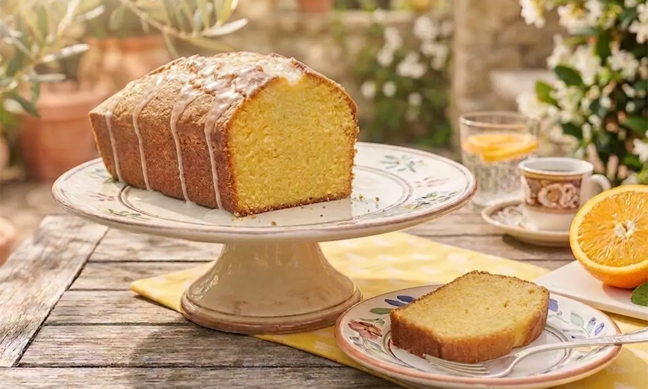Złocista babka pomarańczowa o wilgotnym wnętrzu, podana na ceramicznej paterze, dekorowana delikatną pomarańczową polewą cukrową, AI-labeled image